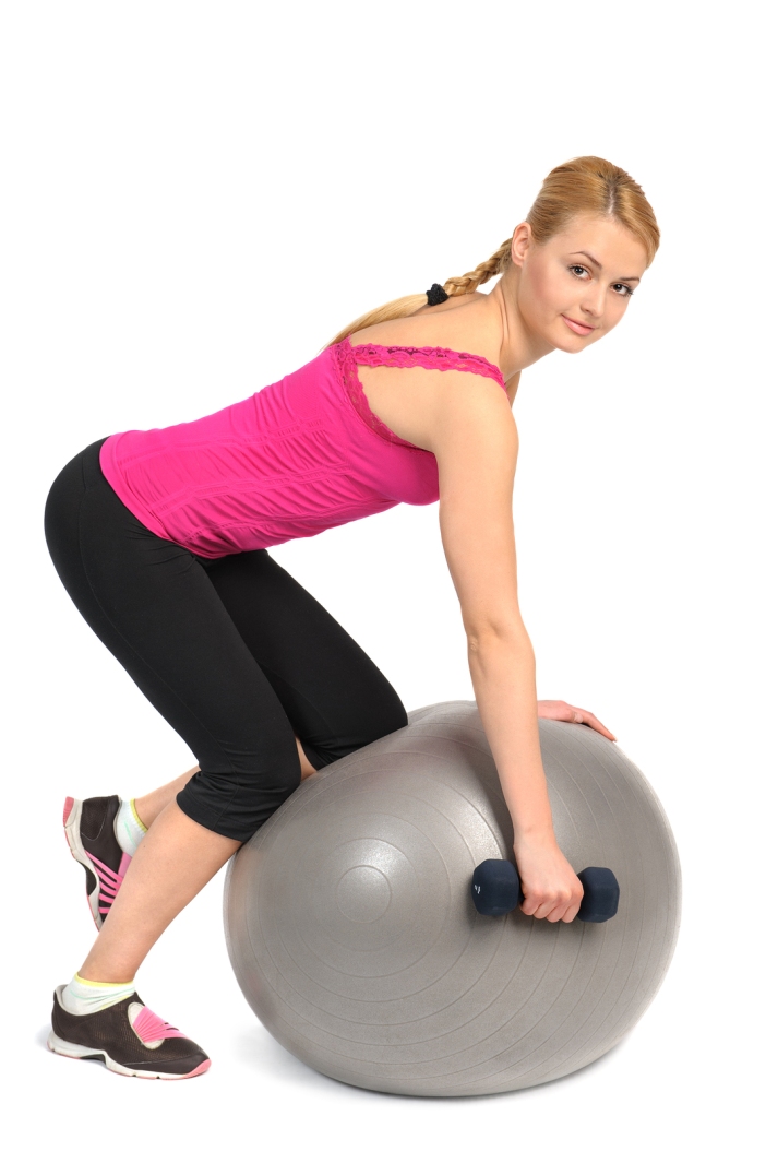 One-Arm Dumbbell Row or Raw on Stability Fitness Ball Exercise,